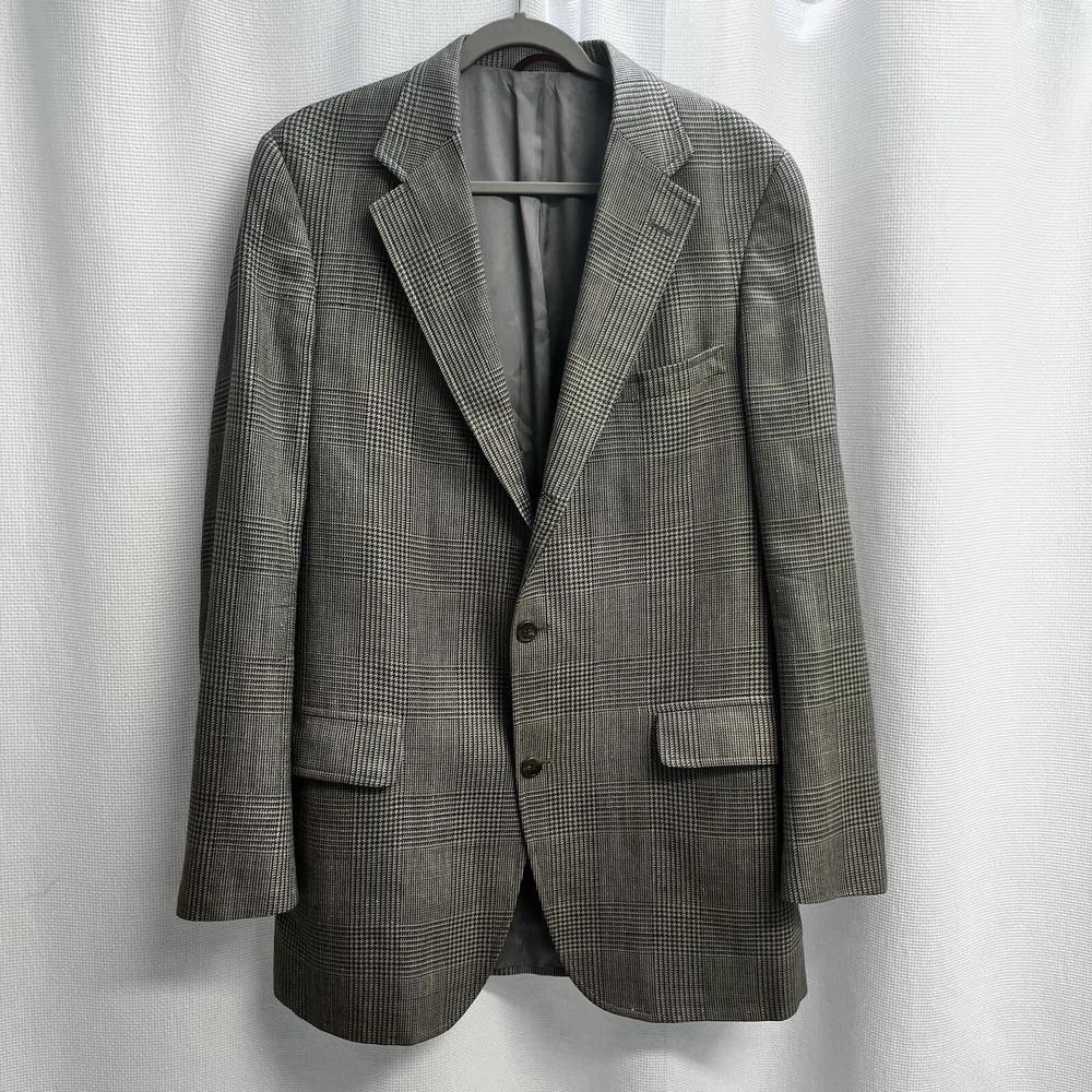 Jos. A. Bank 100% Silk Mens Glen Plaid  Blazer Jacket Grey Brown USA 42L